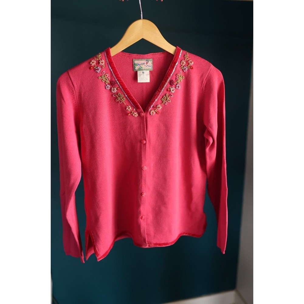 COPY - April Cornell hot pink Rose button Floral Embroidered sequin sweater Siz…